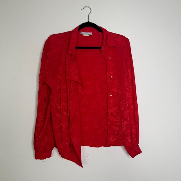 Jonathan Martin | Red Long Sleeve Mock Collar Jacquard Blouse - S - Picture 2 of 13